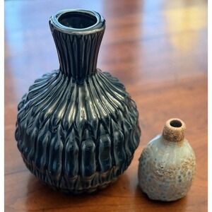Lot of 2 Magnolia Home Vases Navy Large Dressy Fluted + Artisanal Skye Bud